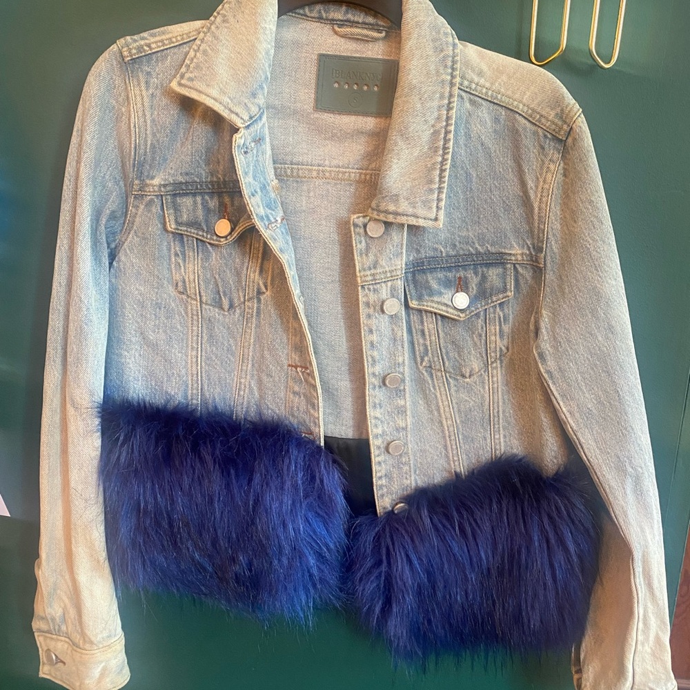 Denim Jacket with Blue Faux Fur Trim